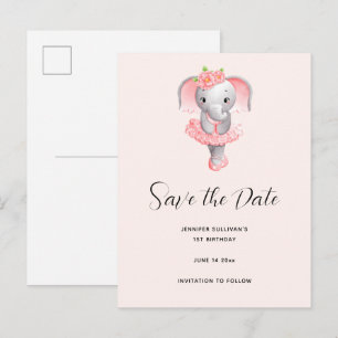 Cute Elephant Ballerina Rosa & Grått Spara datum Inbjudan Vykort