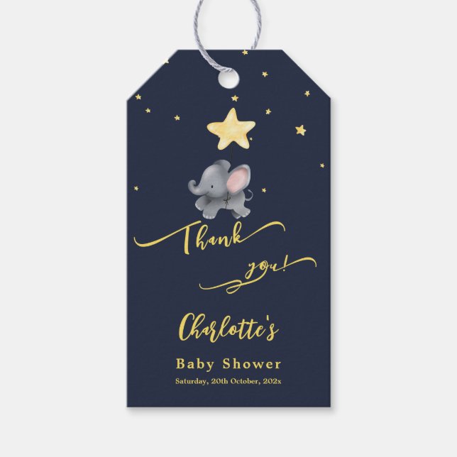 Cute Elephant & Balloon Baby Shower Presentetikett (Framsidan)
