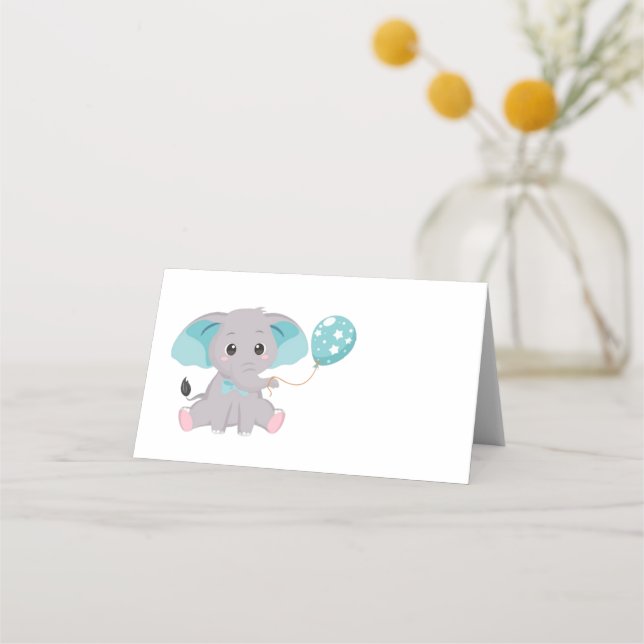 Cute Elephant Balloon Blue Place Card Placeringskort (Framsida)