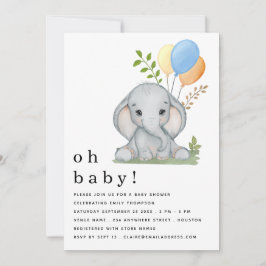 Cute Elephant Balloons Blue Boy Baby Shower Inbjudningar