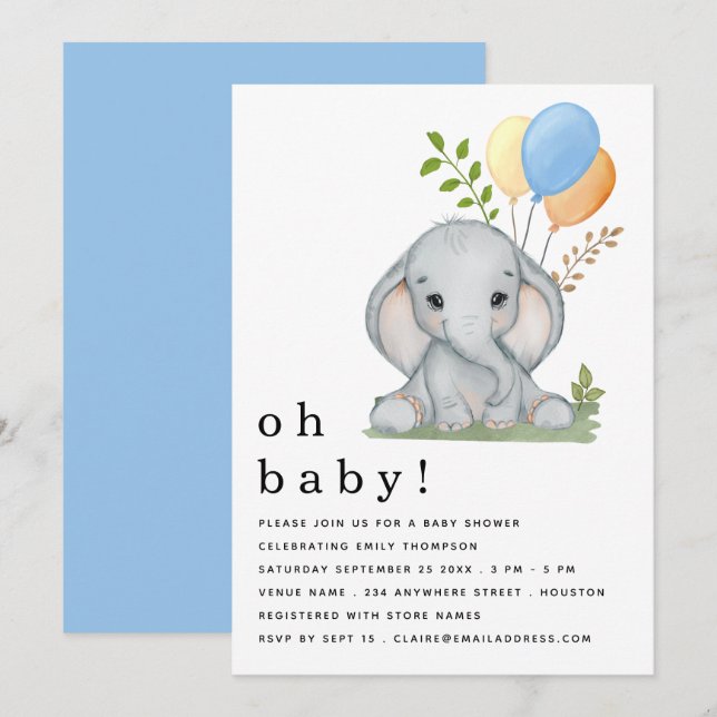 Cute Elephant Balloons Blue Boy Baby Shower Inbjudningar (Fram/baksida)