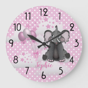 Cute Elephant Balloons Flicka Rosa Nursery Stor Klocka