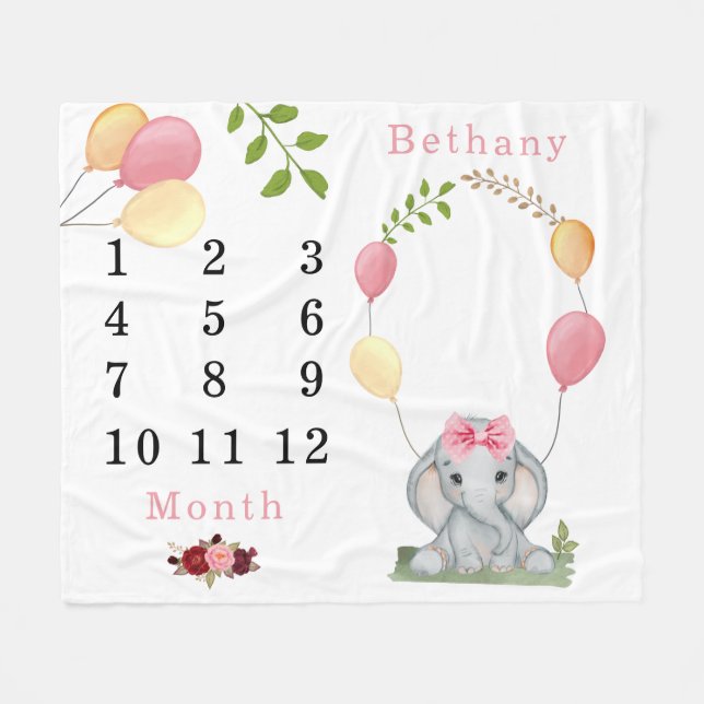 Cute Elephant Balloons Girl Milestone Fleecefilt (Framsidan (Horisontell))