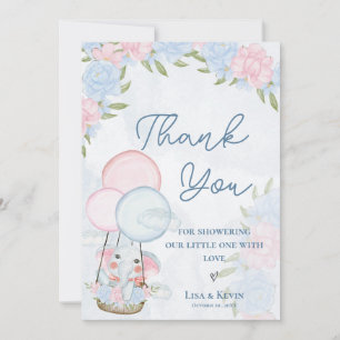 Cute Elephant Balloons Rosa Blommigt Baby Shower Tack Kort
