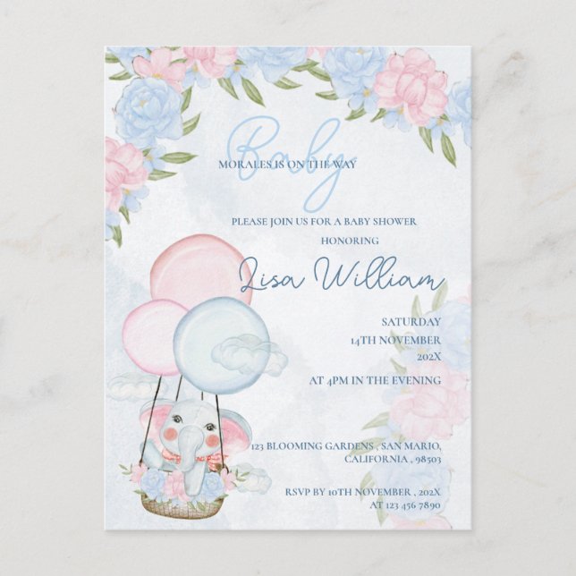 Cute Elephant Balloons Rosa Blommigt Baby Shower Vykort (Framsida)