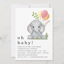 Cute Elephant Balloons Rosa Girl Baby Shower Inbjudningar