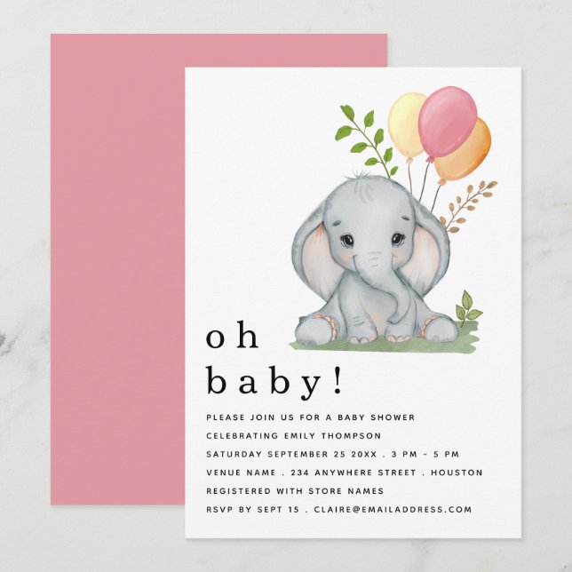 Cute Elephant Balloons Rosa Girl Baby Shower Inbjudningar (Fram/baksida)