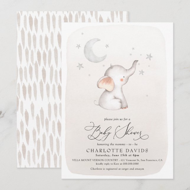 Cute Elephant Beige Gender Neutral Baby Shower Inbjudningar (Fram/baksida)
