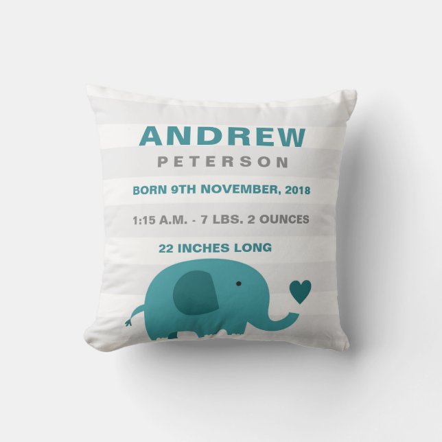 Cute Elephant Birth Announting Pillow Kudde (Framsida)
