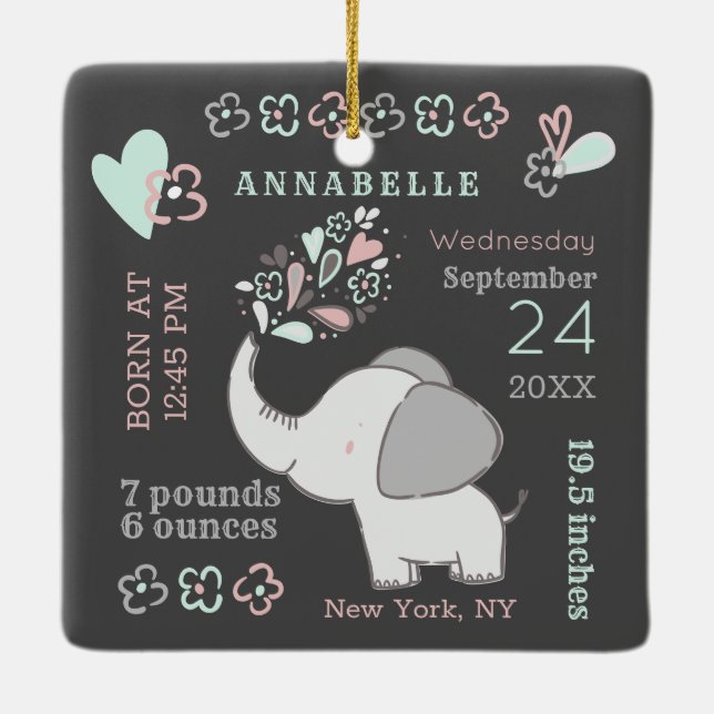 Cute Elephant Birth Stats Baby Första jul Julgransprydnad Keramik (Baksida)