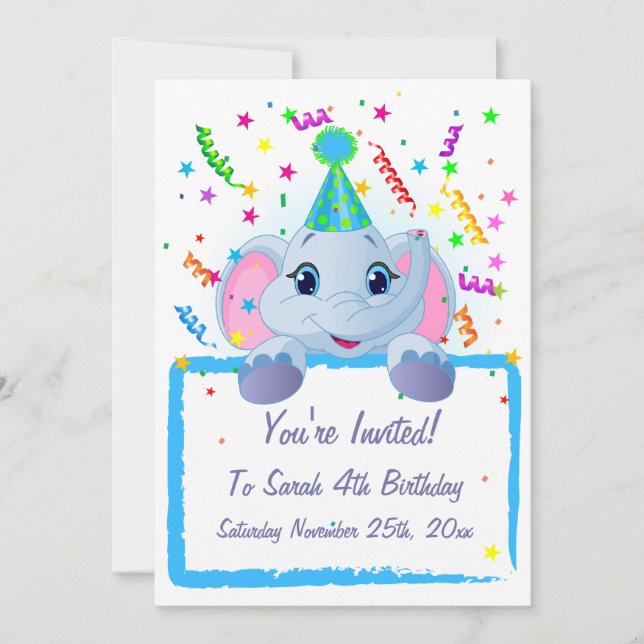Cute Elephant Birthday-Inbjudningskort Inbjudningar (Framsida)
