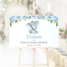 Cute Elephant, Blåa blommor, Baby Shower Välkommen Poster