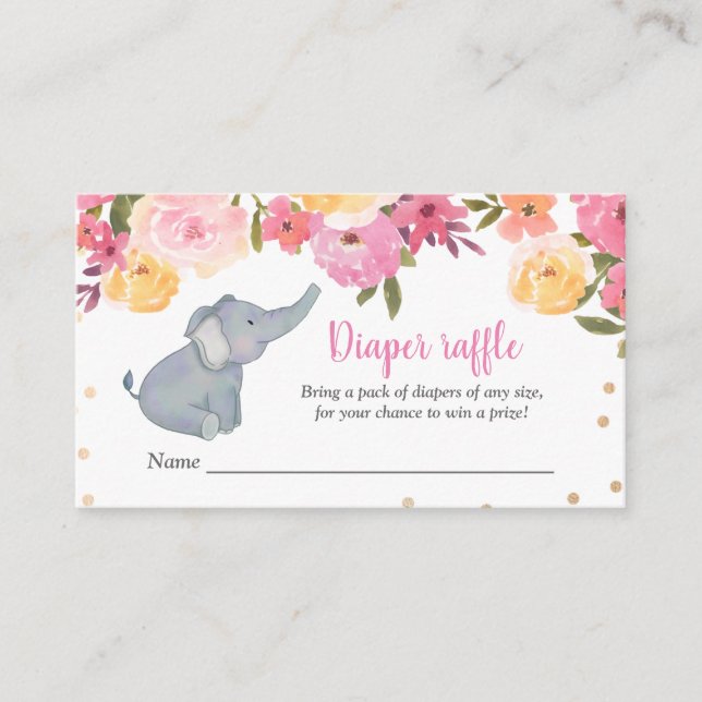 Cute Elephant Blommigt Baby Shower Diaper Raffle Tilläggskort (Framsida)