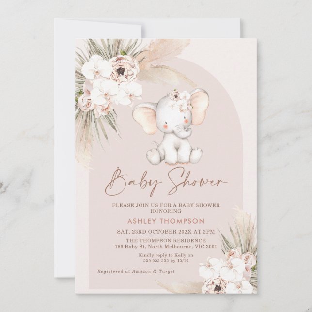 Cute Elephant Blommigt Boho Arch Baby Shower Inbjudningar (Framsida)