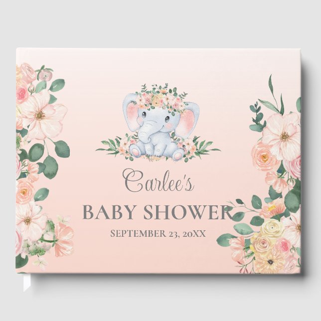 Cute Elephant Blommigt Girl Baby Shower Guest Bok (Framsida)