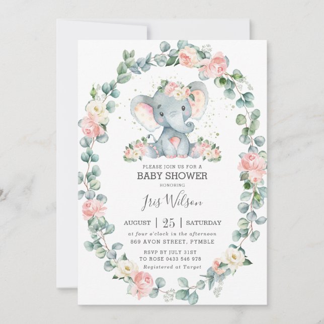 Cute Elephant Blommigt Greenery Baby Shower Girl Inbjudningar (Framsida)