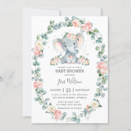 Cute Elephant Blommigt Greenery Baby Shower Girl Inbjudningar