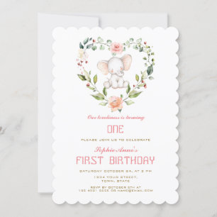 Cute Elephant Blommigt Heart Girl 1st Birday Inbjudningar