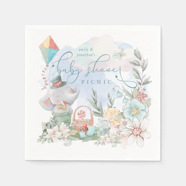 Cute Elephant Blommigt Nature Boy Shower Picnic Pappersservett (Framsidan)