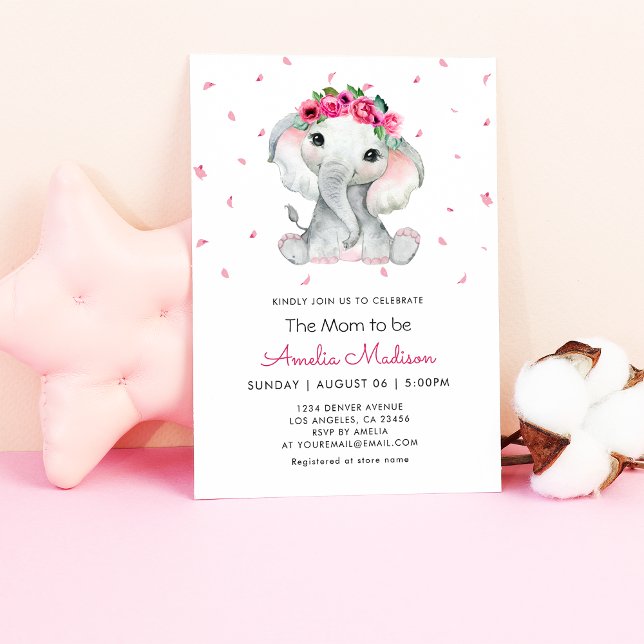 Cute Elephant Blommigt Watercolor Flicka dusch Inbjudningar (Cute Elephant Floral Watercolor Baby Girl shower Invitation
)