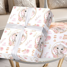 Cute Elephant Blommigt White Rosa Girl Namn Text Presentpapper