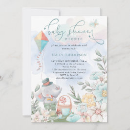 Cute Elephant Blommigts Baby Shower Picnic Boy Inbjudningar