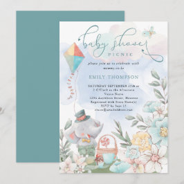 Cute Elephant Blommigts Baby Shower Picnic Boy Inbjudningar
