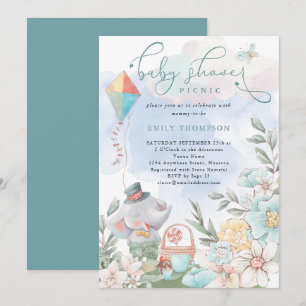 Cute Elephant Blommigts Baby Shower Picnic Boy Inbjudningar
