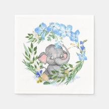 Cute Elephant Blommigts Foliage Blue Baby Shower