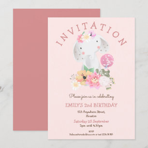 Cute Elephant Blommigts Girl 2:a födelsedagen Rosa Inbjudningar