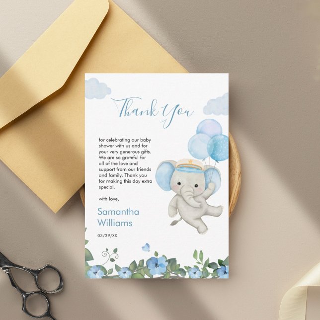 Cute Elephant Blue Balloon Blommigt Baby Shower Tack Kort (Skapare uppladdad)