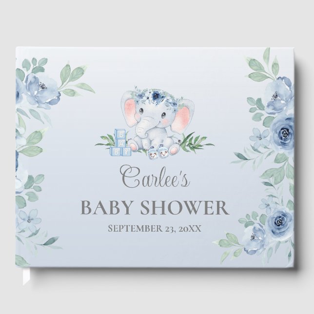 Cute Elephant Blue Blommigt Baby Shower Guest Bok (Framsida)