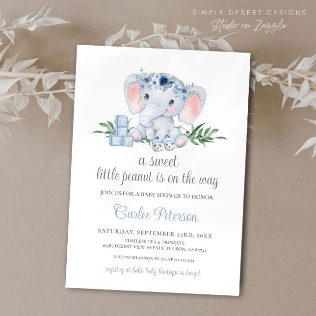 Cute Elephant Blue Blommigt Boy Shower Inbjudningar (Cute Elephant Baby Shower Invitation with Blue Floral and Greenery, Calligraphy Script)