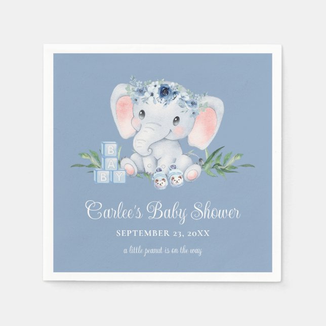 Cute Elephant Blue Blommigt Boy Shower Pappersservett (Framsidan)