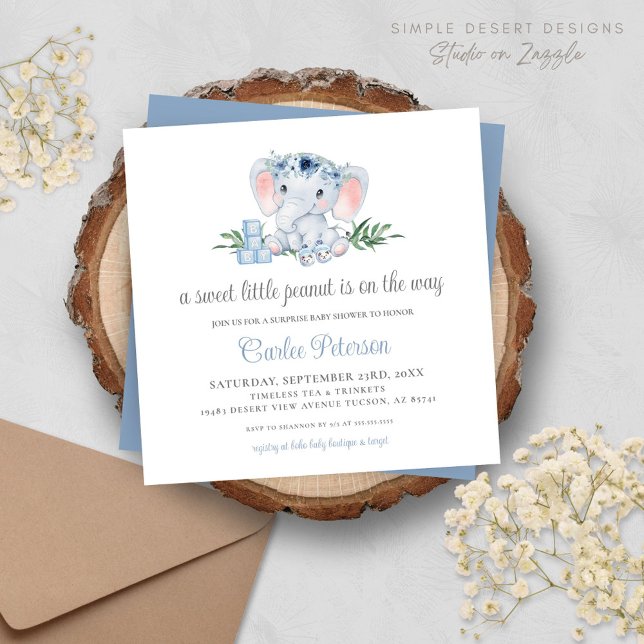 Cute Elephant Blue Boy Baby Shower-inbjudan (Cute Elephant Baby Shower Invitation with Blue Floral Vintage Vibes, Script and Typography)