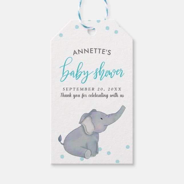 Cute Elephant Blue Confetti Baby Shower Tack Presentetikett (Framsidan)