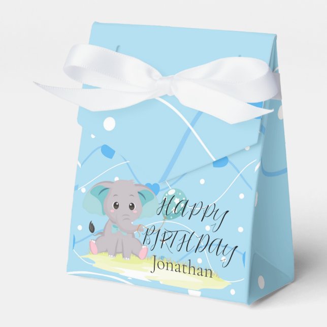 Cute Elephant Blue eart Birthday Boy Favor Box Presentaskar (Framsidan Sidan)