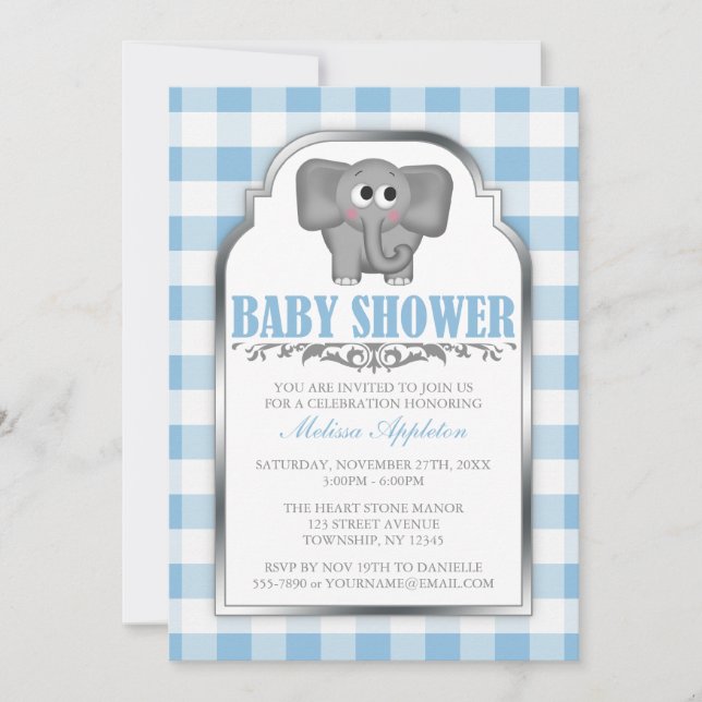 Cute Elephant Blue Gingham Baby Shower-inbjudninga Inbjudningar (Framsida)
