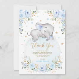 Cute Elephant Blue Guld Måne Stars Boy Shower Tack Kort