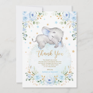 Cute Elephant Blue Guld Måne Stars Boy Shower Tack Kort