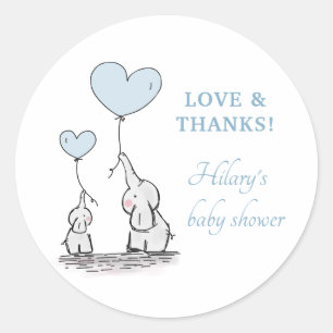 Cute Elephant Blue Heart Balloons Boy Shower Runt Klistermärke