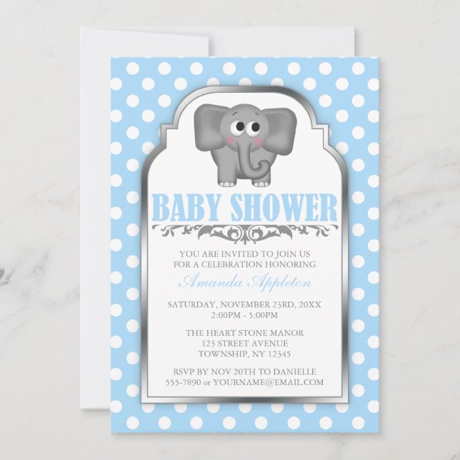 Cute Elephant Blue Polka Dot Baby Shower Inbjudningar (Framsida)