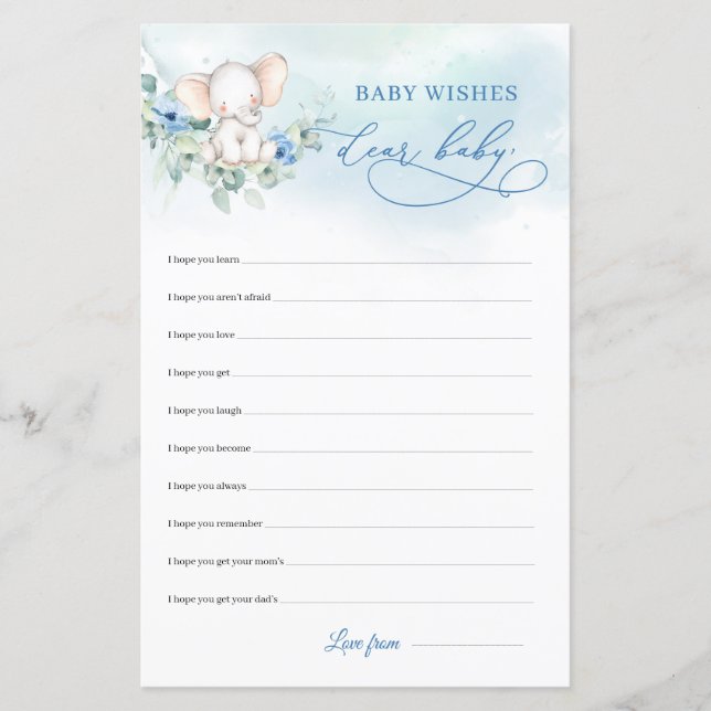 Cute elephant boho blåa blommor Kära Baby Önskemål (Framsida)