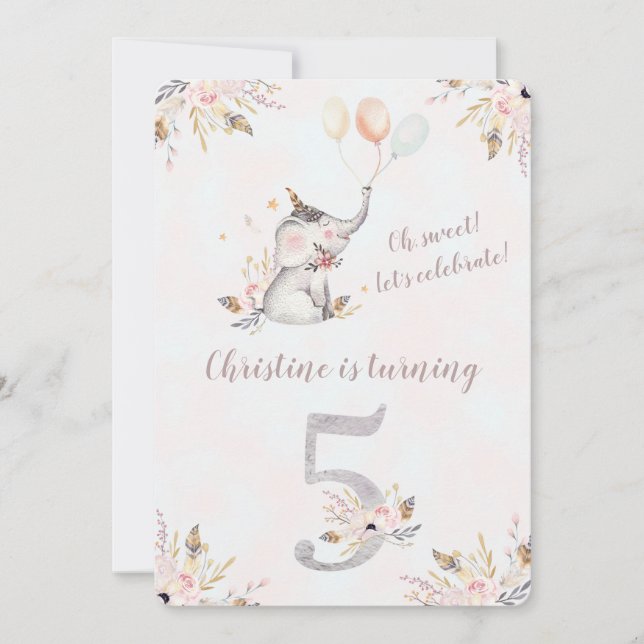 Cute Elephant Boho Blommigt Femte födelsedagen Inb Inbjudningar (Framsida)