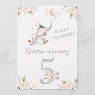 Cute Elephant Boho Blommigt Femte födelsedagen Inb Inbjudningar