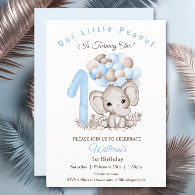 Cute Elephant Boy 1:a födelsedagsinbjudan Inbjudningar (Cute Elephant Boy 1st Birthday Invitation)