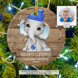 Cute Elephant Boy Baby FIRST CHRISTMAS Rustic Julgransprydnad Keramik