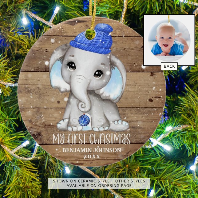 Cute Elephant Boy Baby FIRST CHRISTMAS Rustic Julgransprydnad Keramik (Skapare uppladdad)
