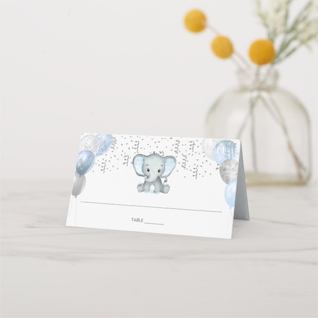Cute Elephant Boy Balloons Baby Shower Guest Namn Placeringskort (Baksida)