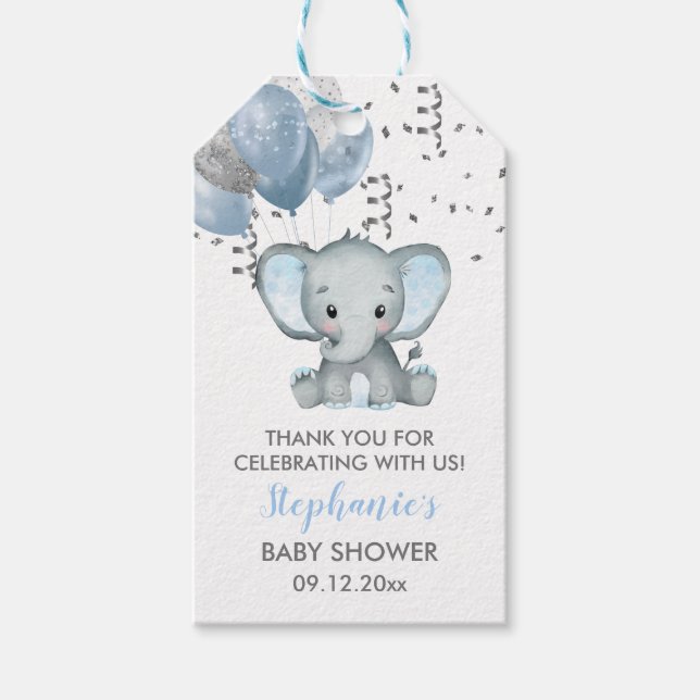 Cute Elephant Boy Balloons Baby Shower Presentetikett (Framsidan)